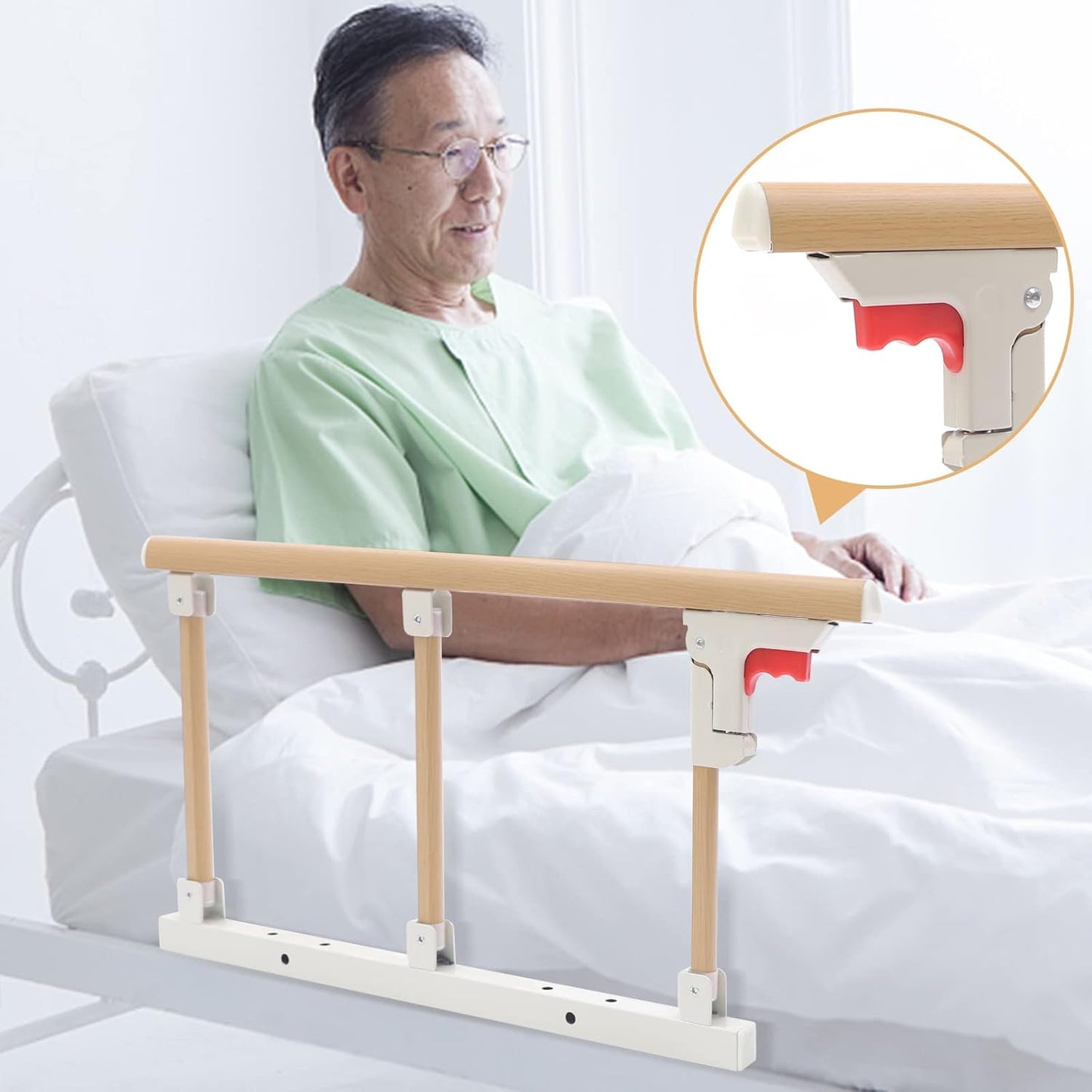 Bed Rail, Bedside Foldable Wooden Bed Assist Grab Bar - Easy to Assemble, Safety Frame for Seniors Care, Safe Handrail Available for Most of Bed Size Adjustable Bed Guard Support