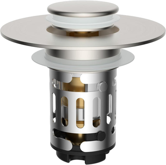 Hibbent Upgraded 3 in 1 Bathroom Sink Drain Strainer, Universal Pop Up Stopper with Removable Stainless Steel Filter Basket Hair Catcher, Sink Plug for 1.1''~2.36'' Basin, Brass Core, Brushed Nickel