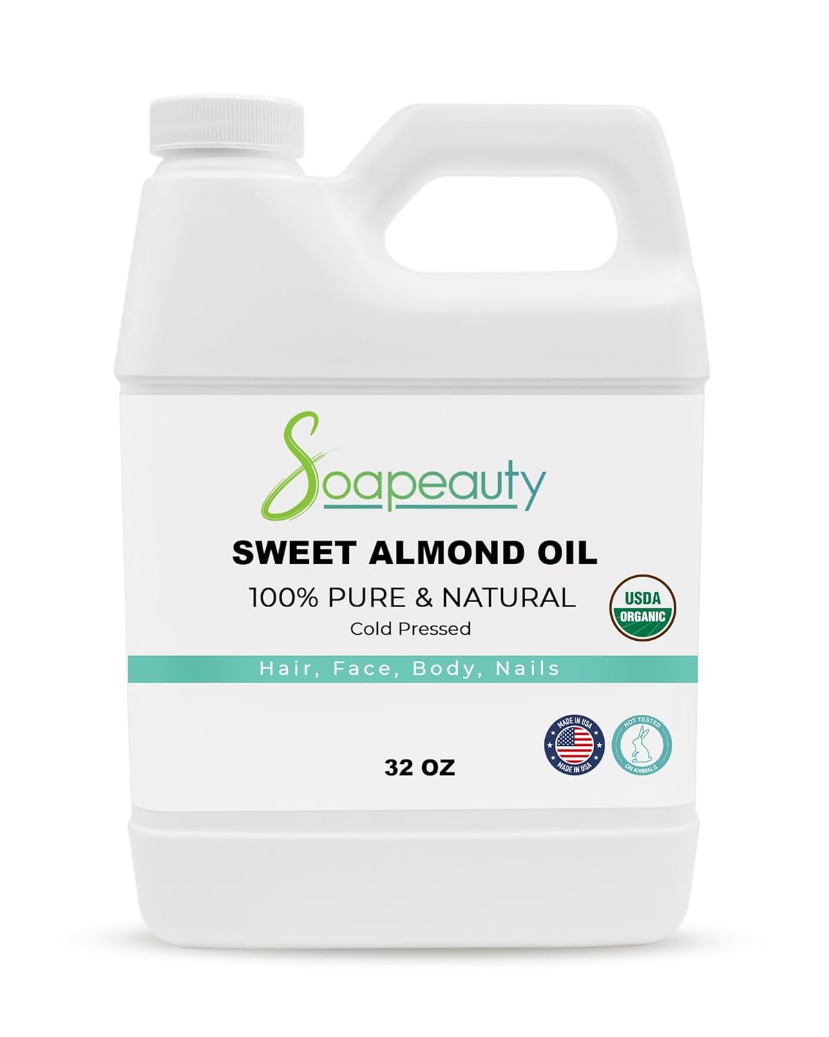 Soapeauty Sweet Almond Oil Cold Pressed Refined USDA Organic | 100% Pure & Natural Available in Bulk | Carrier for Essential Oils, Massage, Skin, Face, and Hair, Soap Making, DIY | 32 fl oz