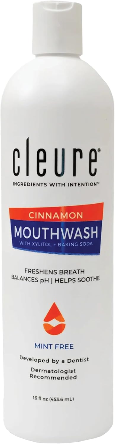 Cleure Alcohol Free Mouthwash with Xylitol & Baking Soda - Gentle Fluoride Free Mouth Wash for Adults & Kids - Cinnamon (16 oz, Pack of 1)