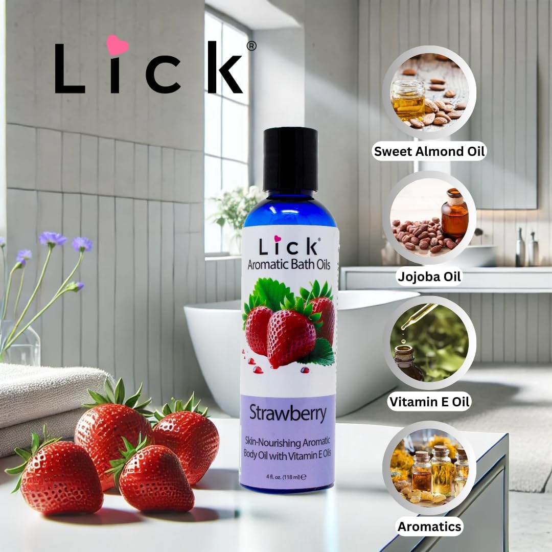 Lick Strawberry Aromatic Bath Oil - Natural Sweet Almond, Vitamin E & Jojoba Oils for Luxurious Experience for Women. Moisturizes Dry Skin, 12 Enchanting Aromas, Paraben Free, Made in USA 4 fl oz