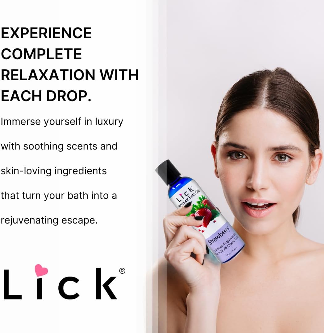 Lick Strawberry Aromatic Bath Oil - Natural Sweet Almond, Vitamin E & Jojoba Oils for Luxurious Experience for Women. Moisturizes Dry Skin, 12 Enchanting Aromas, Paraben Free, Made in USA 4 fl oz