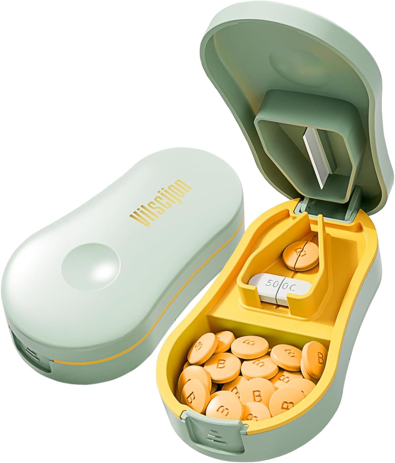 Pill Cutter Splitter for Small and Tiny Pills - Professional Pill Cutter for Small or Large Pills | Wrap-Around Blade Guard | Detachable Nonslip V-Shaped Pad | Easy Open | Back Storage, Cyan (Green)