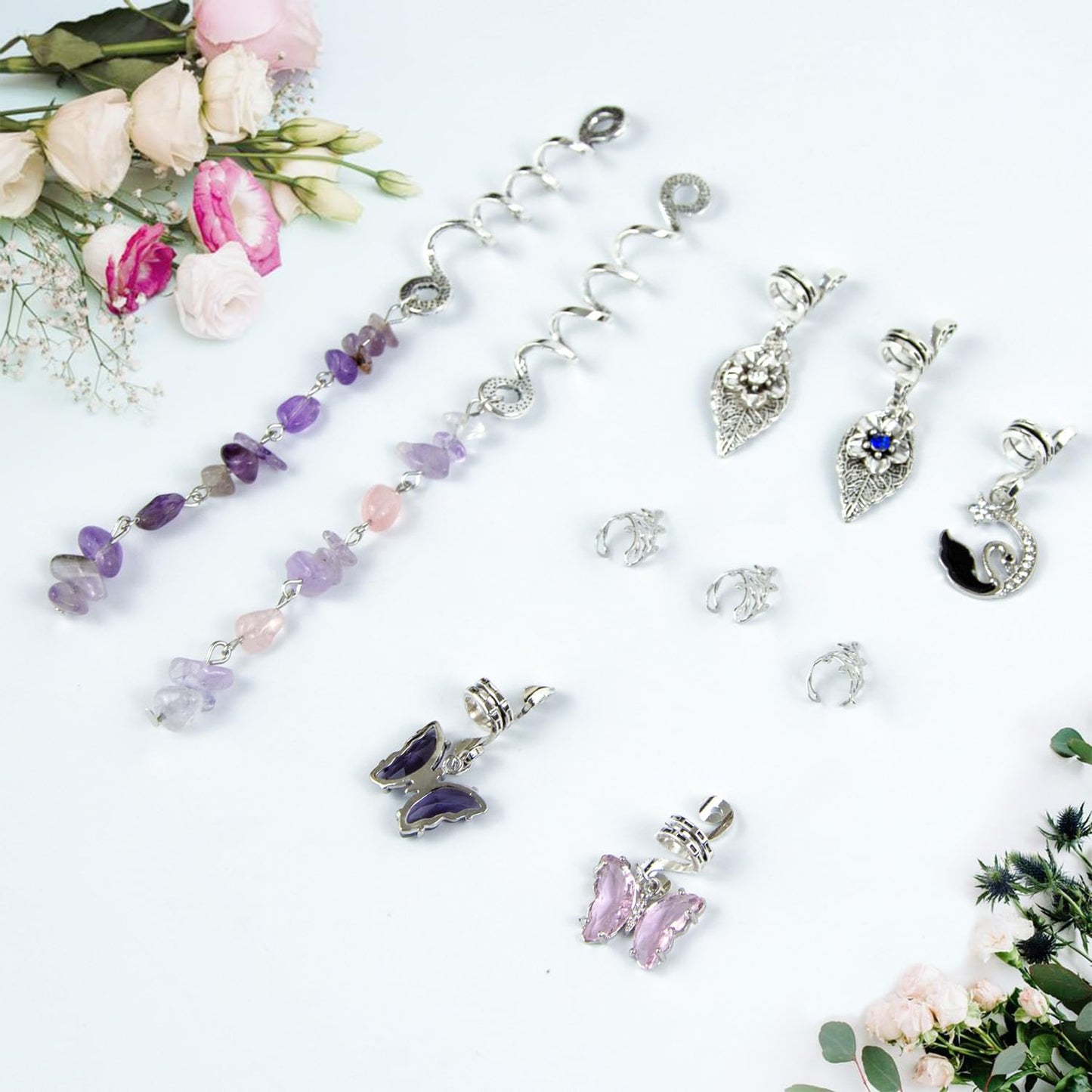 Hair Jewelry for Braids 44 Pcs Natural Colored Crystal Stone Hair Braid Accessories Metal Hair Charms Silver Loc Dreadlock Spirals Cuffs Rings Light Weight Hair Charms for Women