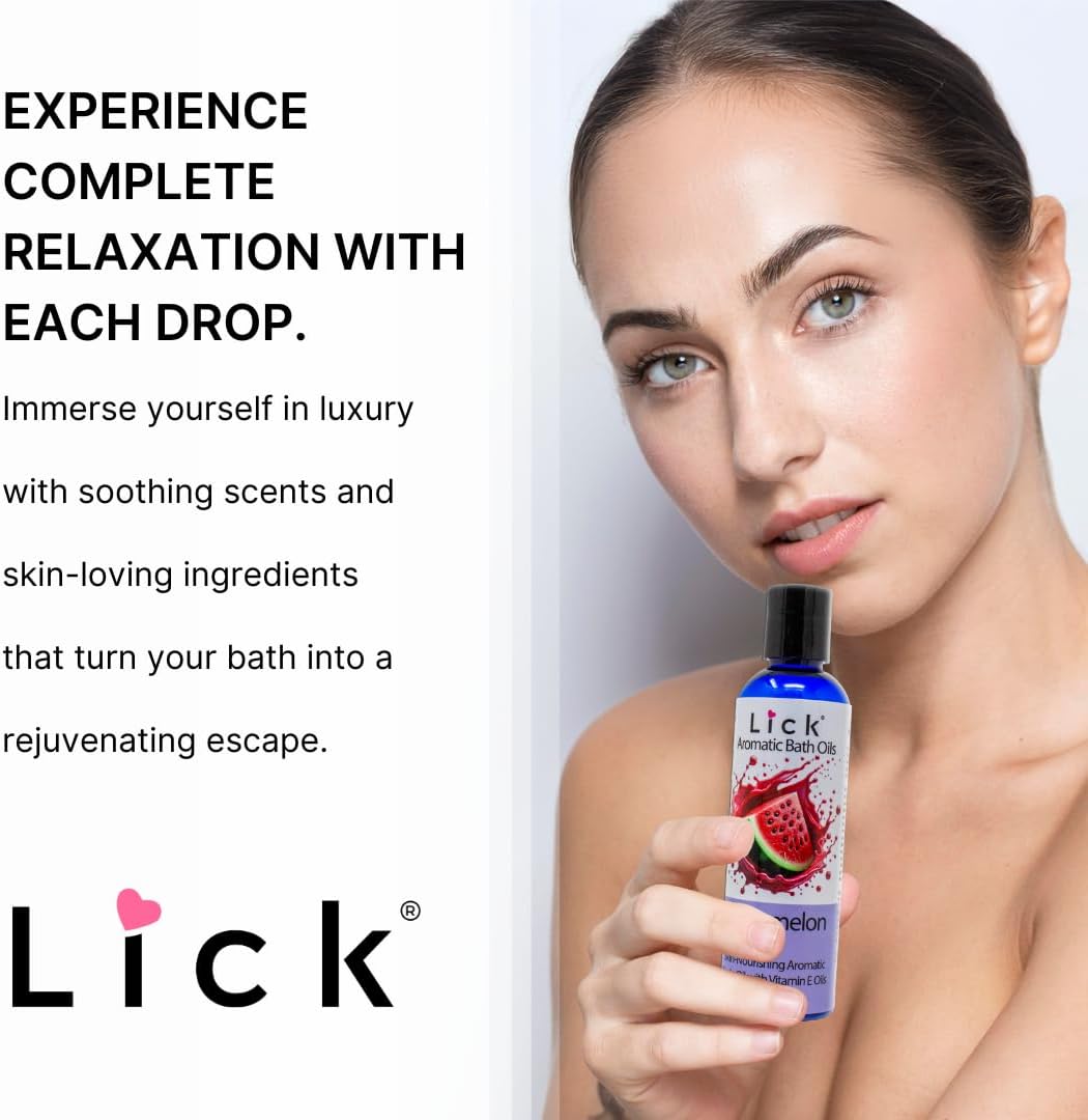 Lick Watermelon Aromatic Bath Oil - Natural Sweet Almond, Vitamin E & Jojoba Oils for Luxurious Experience for Women. Moisturizes Dry Skin, 12 Enchanting Aromas, Paraben Free, Made in USA 4 fl oz