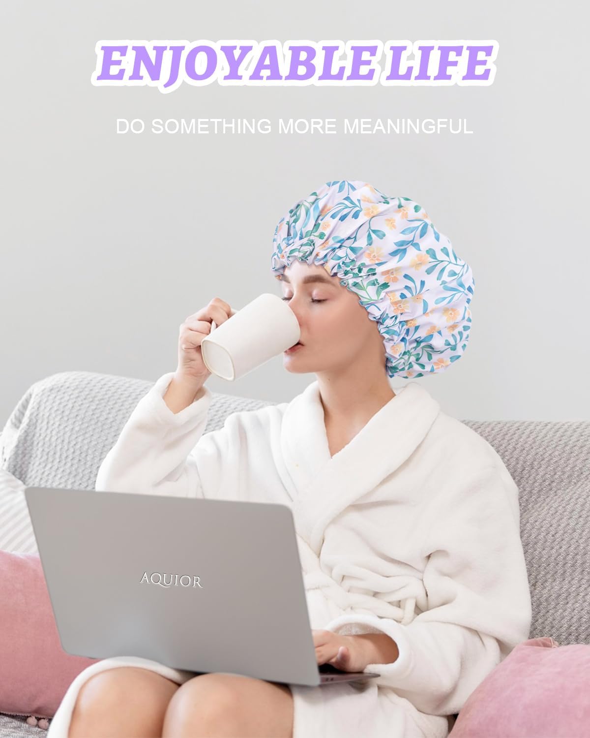 Aquior Shower Caps, Double Layer Waterproof Shower Cap for Women, Reusable Large Shower Cap for all Hair Lengths with EVA Lining, Soft Bath Shower Caps