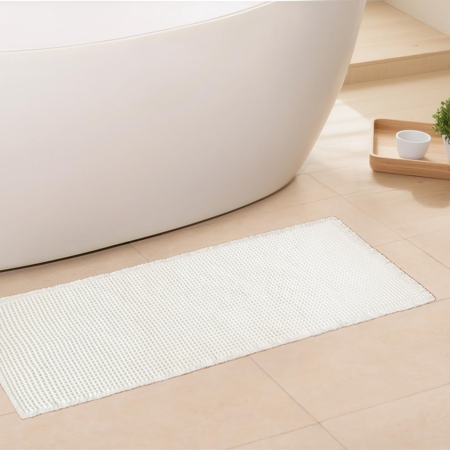 White Long Bathroom Rugs, Waffle Runner Bath Mat Non Slip Washable, Super Absorbent & Quick Dry, Boho Bath Mat Farmhouse Bathroom Decor, 24'' x 72'', White