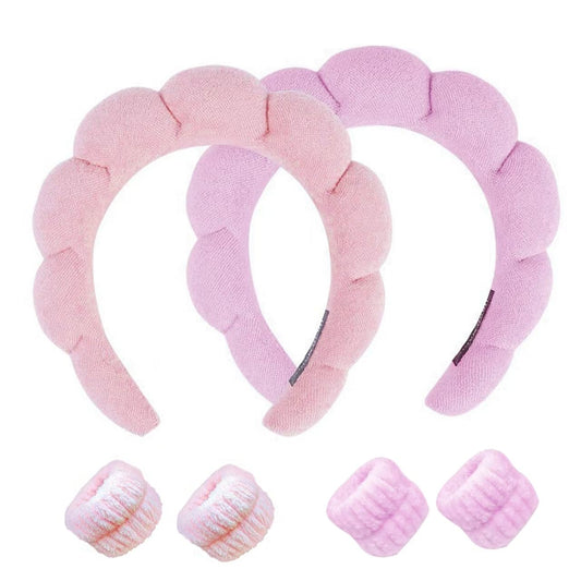 Spa Headband and Wristband Set for Women,Terry Cloth Sponge Headband for Washing Face,Makeup,Facial Mask and Skincare (Pink,Purple, One Size)