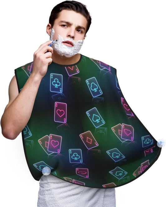 Non-Stick Beard Shaving Bib, Hair Catcher Apron with Suction Cups, Waterproof Grooming Tool for Men Husband, Ace of Poker Card Style Neon Black Shave Bib