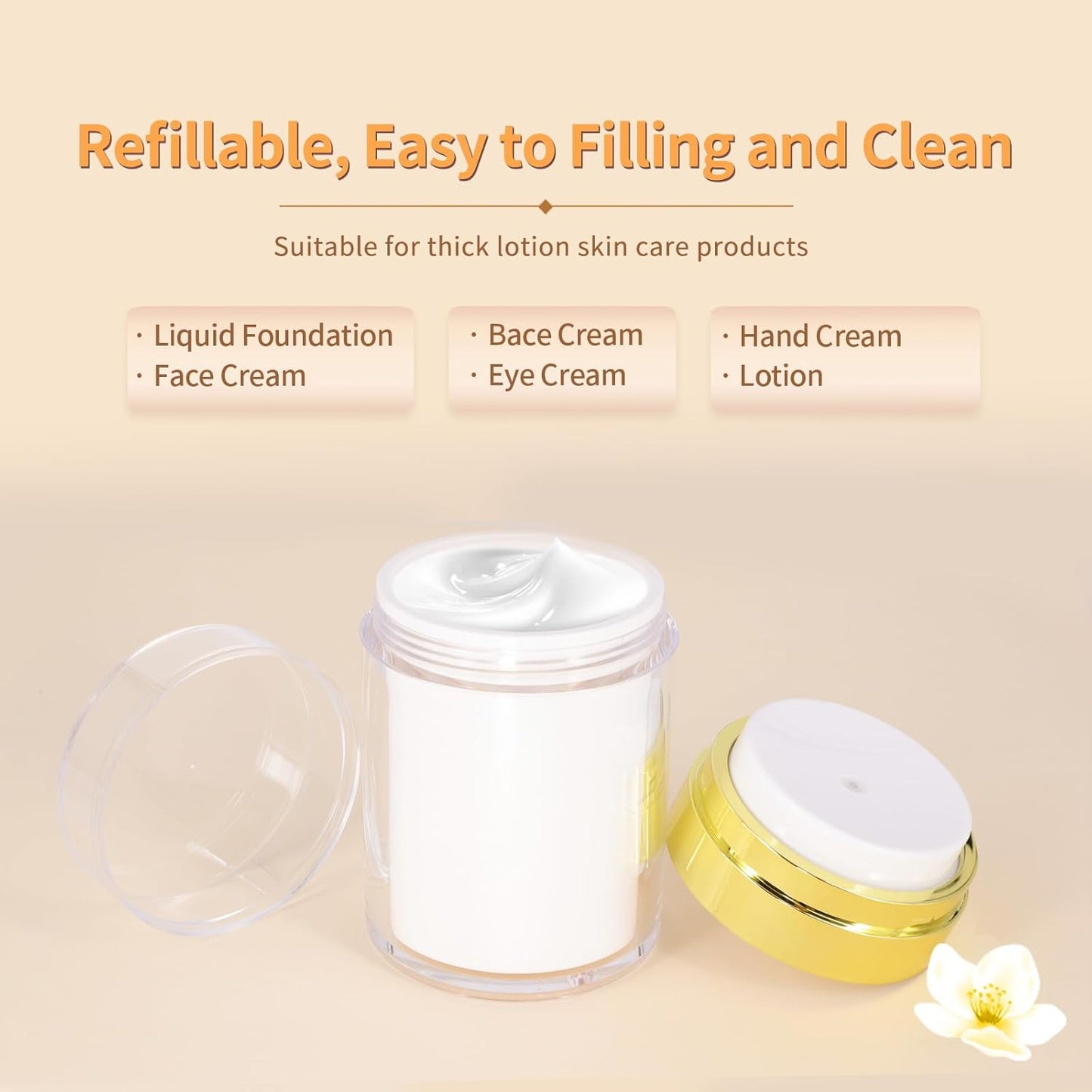 2Pack Airless Pump Jars with Cosmetic Spatula, 3.5 oz Empty Refillable Cosmetic Air Pump Jars Bottles Airless Lotion Cream Dispenser Portable Travel Makeup Containers (Gold)