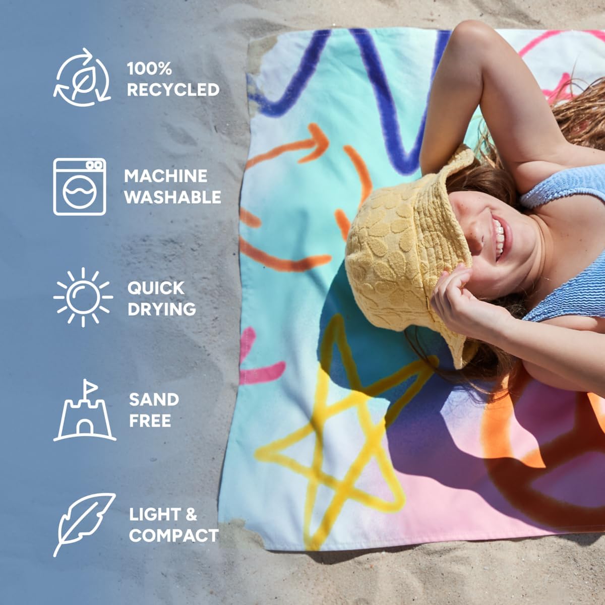Dock & Bay Beach Towel - Quick Dry, Sand Free - Compact, Lightweight - 100% Recycled - Includes Bag - Sand to Streets - Large (160x90cm, 63x35)