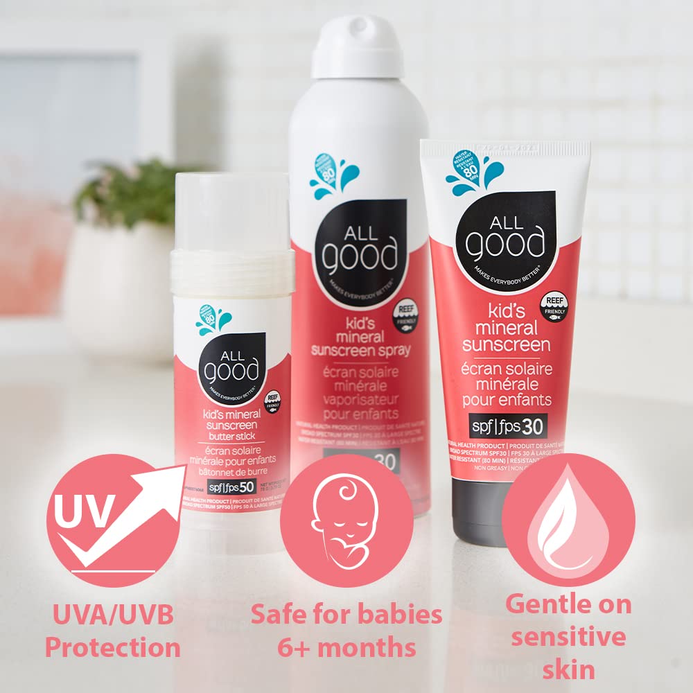 All Good Baby & Kids Mineral Face & Body Sunscreen - UVA/UVB Broad Spectrum, Coral Reef Friendly, Water Resistant, Zinc Oxide - SPF 50 Butter Stick & SPF 30 Spray