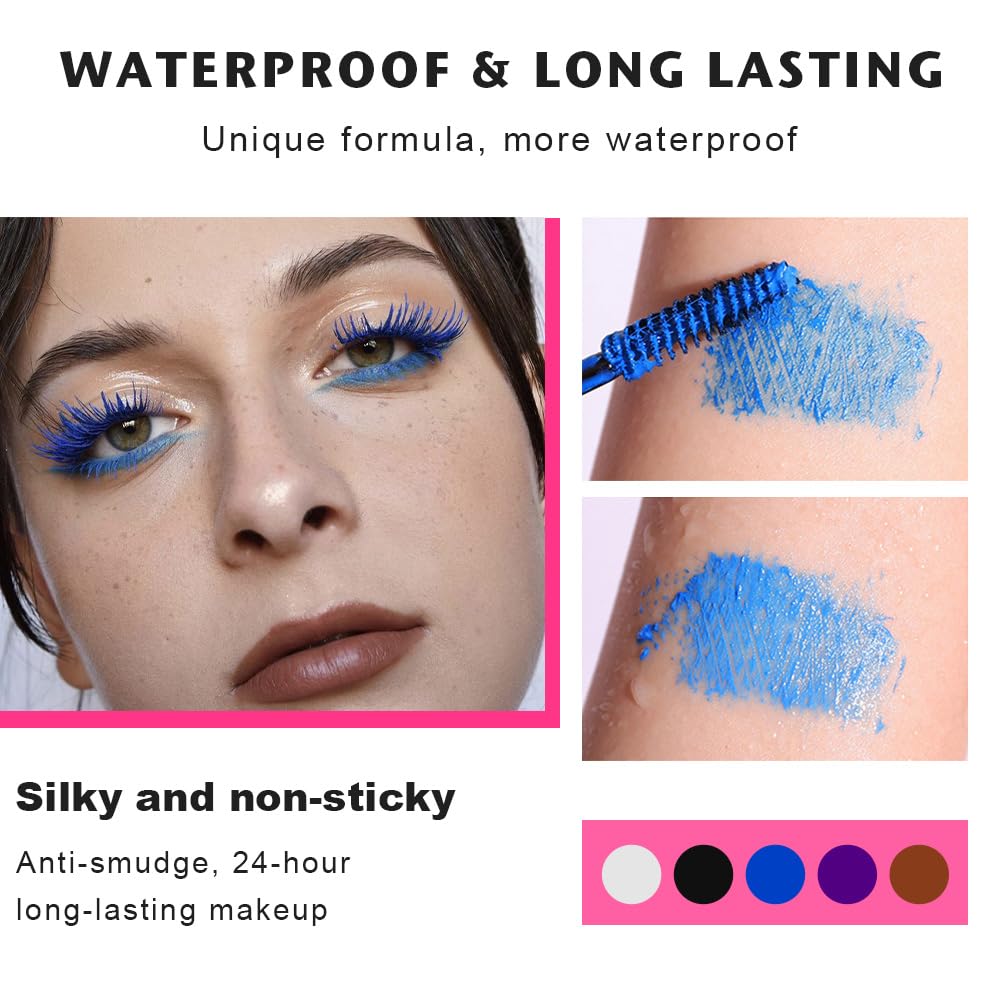 Waterproof 5PCS Colorful Voluminous Mascara Set – Lengthening, Defining, Curling, Multiplying Formula (Cruelty-Free)-White Black Blue Purple Brown Colored Mascara Eyelash Makeup Pack, Festival Gift