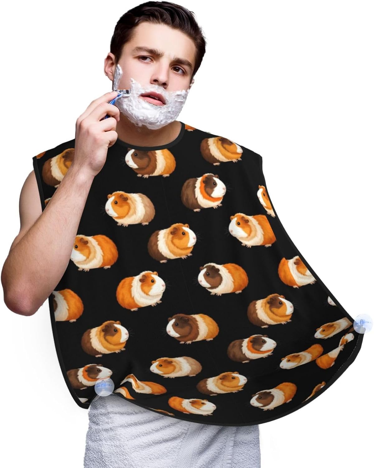 Waterproof Beard Trimming Bib, Non-Stick Hair Catcher for Men Shaving, Grooming Apron for Husband Dad, Cute Cartoon Guinea Pigs Black Shave Bib