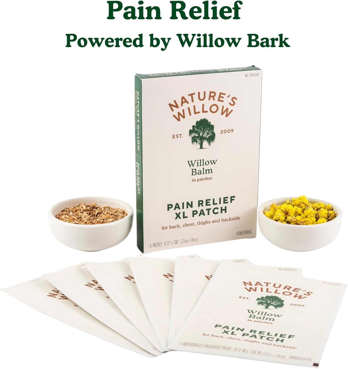 Nature's Willow Natural Pain Relief Patches for Muscles & Joints | Fast-Acting with White Willow Bark | Free from Artificial Fragrances & Dyes | 6 Patches (1-Pack)