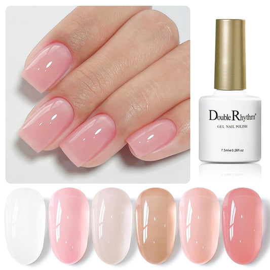 Double Rhythm Gel Nail Polish Set of 6 Colors Baby Light Pastel Milky Nail Polish Starter Kit Art DIY Salon Home (Jelly Sheer Pink Nude White,Kit37)
