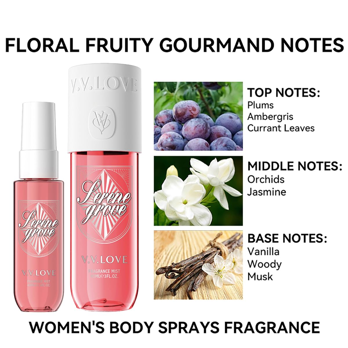 Hongsheng 2 PCS Women's Body Mist and Hair Fragrance Travel Set, 3 Fl Oz + 1.3 Fl Oz Spray, Sweet Scented Perfume Gift Set for Women (Plums)