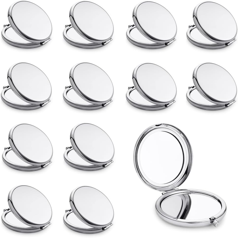 Compact Mirror, Pocket Travel Makeup Mirror for Purse, Metal Round Shell, 2-Sided 1X/2X Magnifying, Portable, Folding, Handheld, Silver, 12 Pack