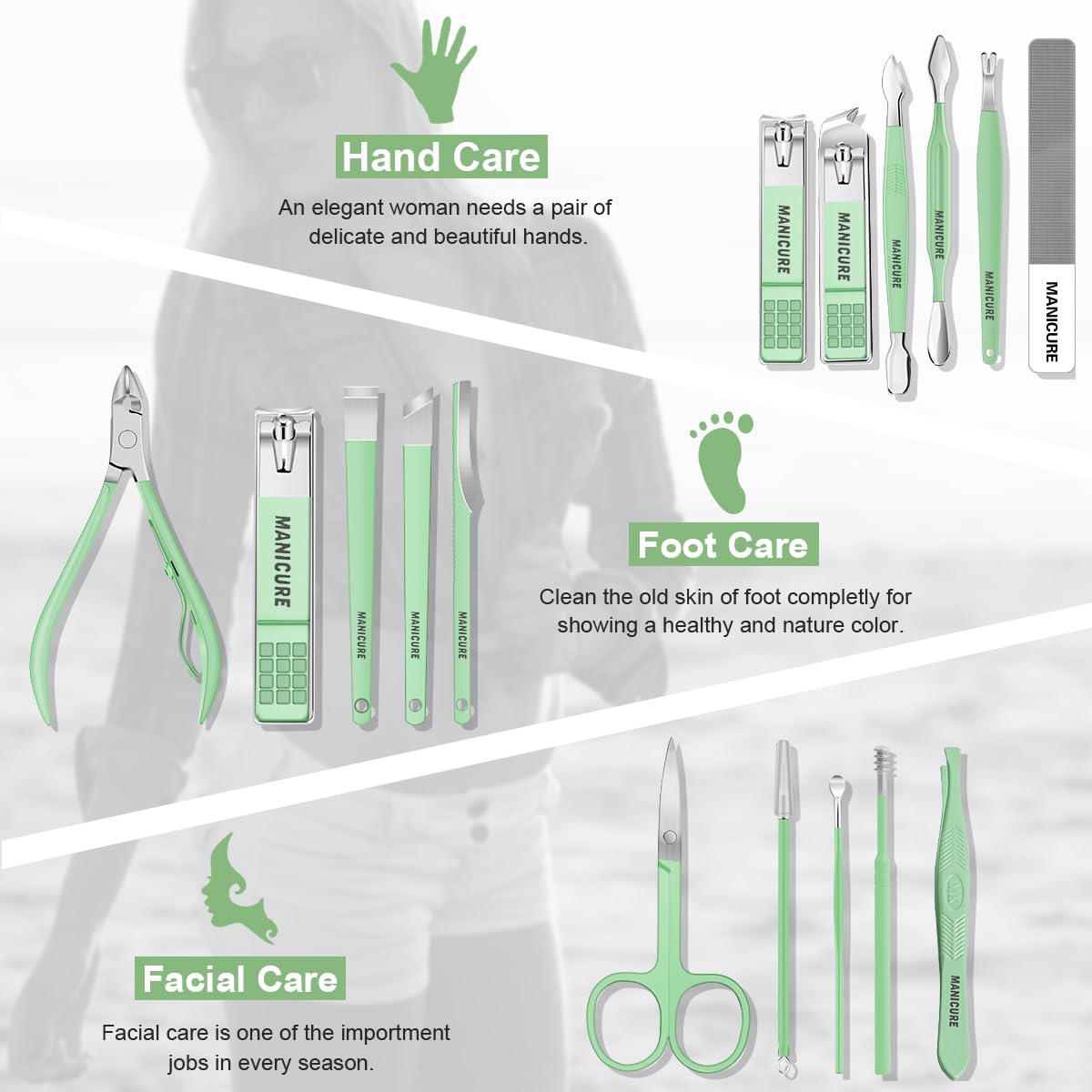 Manicure Set Professional Nail Clippers Pedicure Kit, 16 pcs Stainless Steel Nail Care Tools Grooming Kit with Luxurious Travel Leather Case for Thick Nails Men Women Gift (Green)