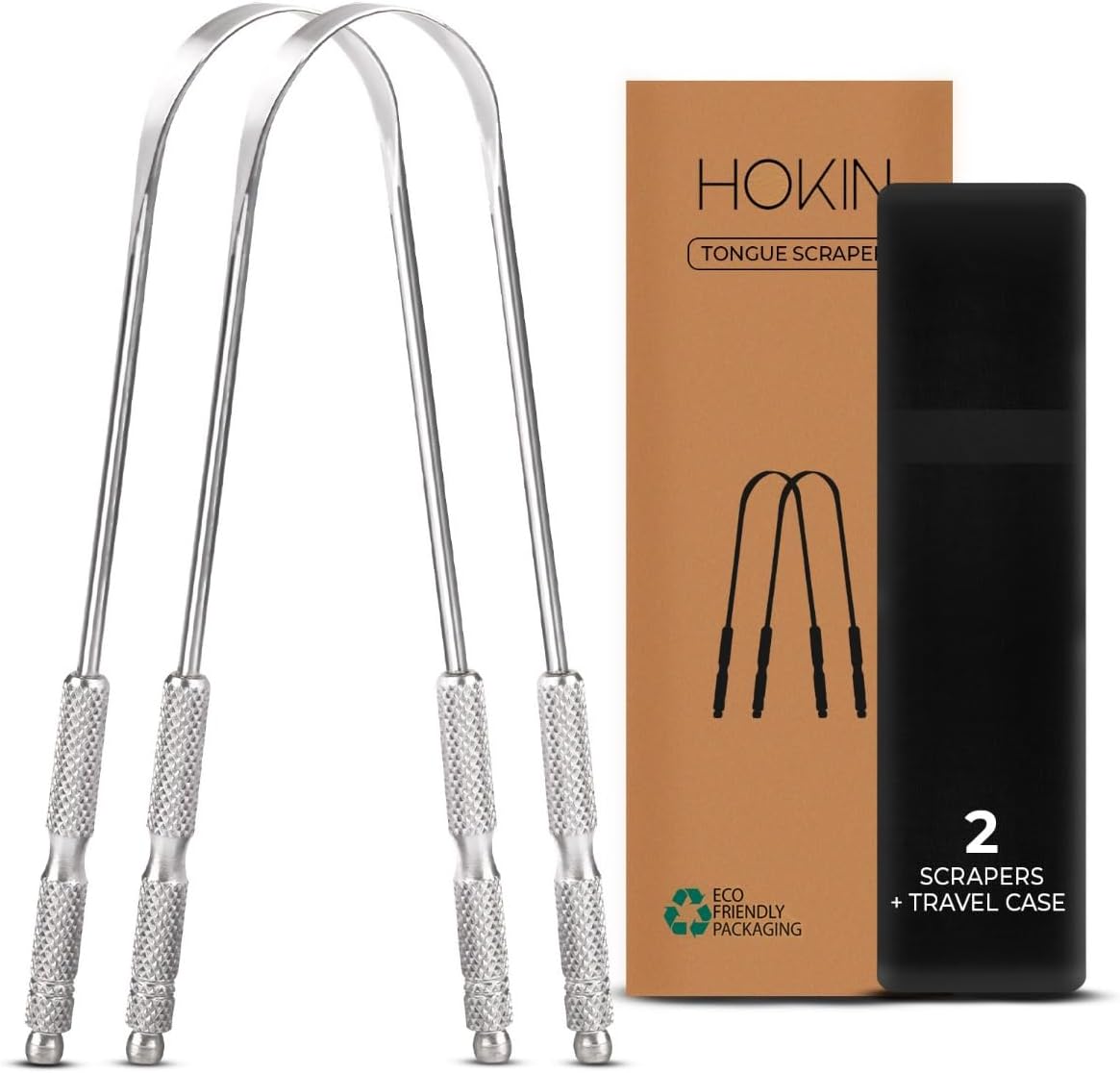 Tongue Scraper for Adults by HOKIN (2Pcs Oral Care Pack) Stainless Steel Tongue Cleaners Reduce Bad Breath 100% Metal Tough Scrapers Men and Women Hygiene Product