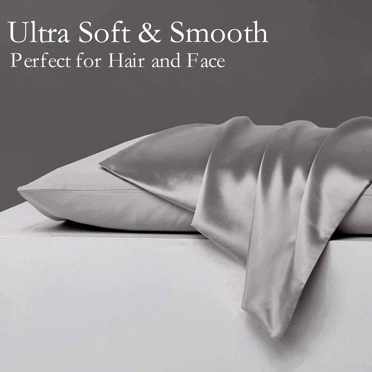 Silk Pillowcase for Hair and Skin 2 Pack 100% Mulberry Silk Bed Pillowcase Hypoallergenic Soft Breathable Both Sides Silk Pillow Case with Hidden Zipper, Standard Size Pillow Cases (Grey)