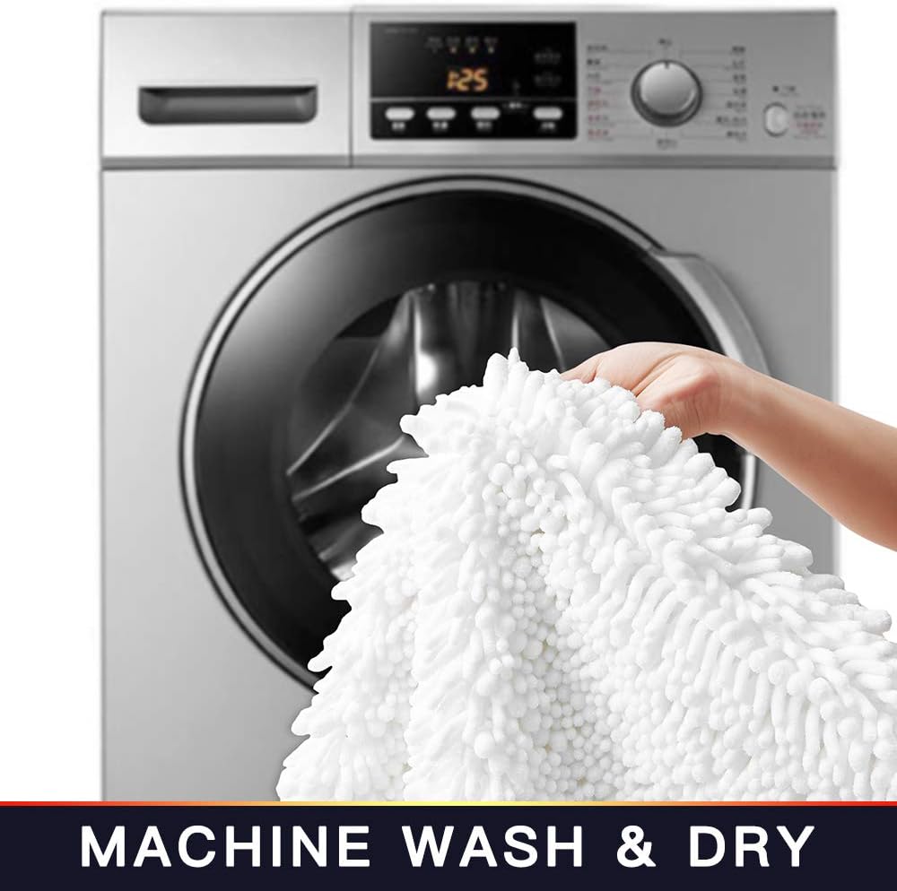 Walensee Bathroom Rug 2 Pieces Set Non Slip Bath Mat (20"x32" Plus 20"x24" U White) Water Absorbent Super Soft Shaggy Chenille Machine Washable Dry Extra Thick Perfect Carpet for Shower Floor