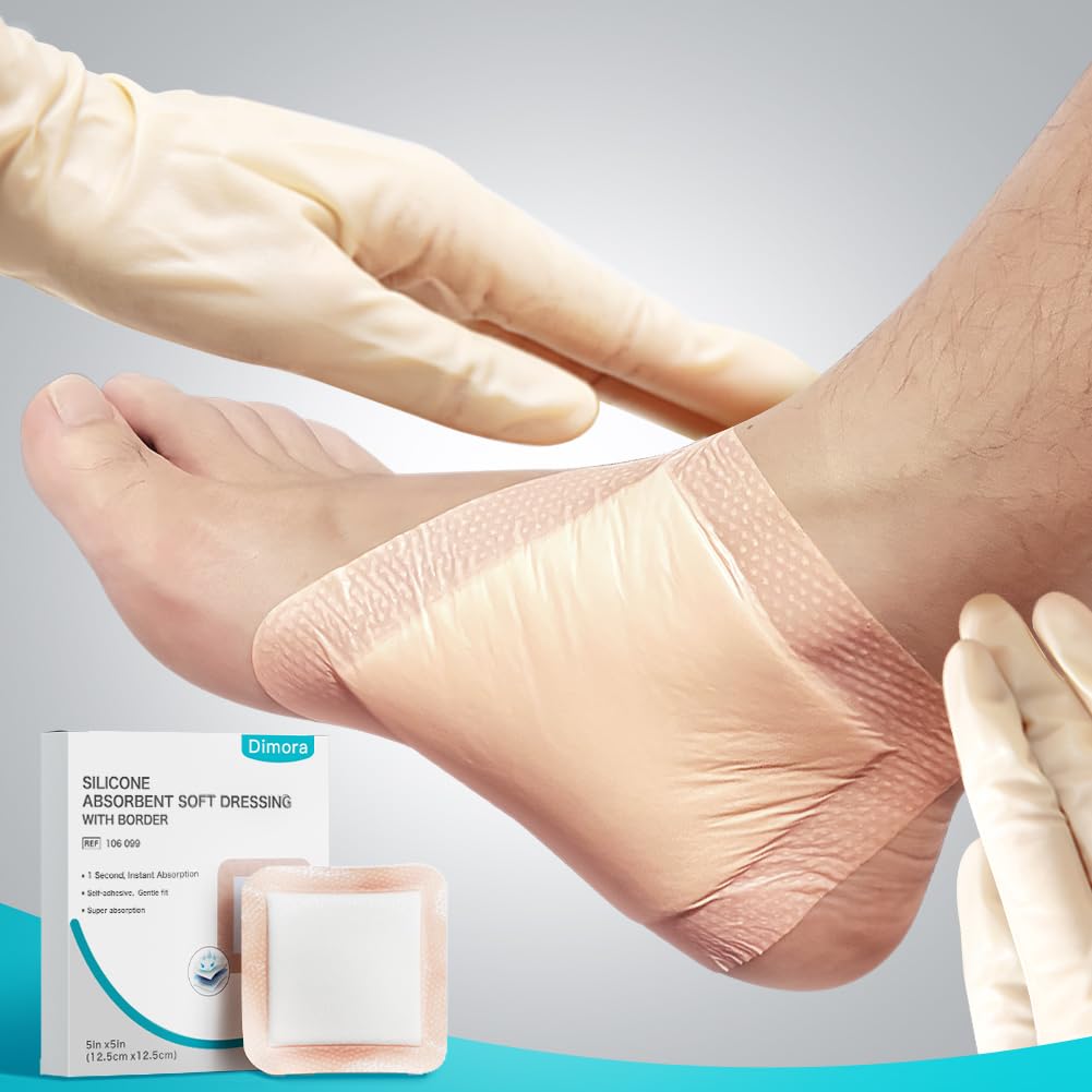 Dimora Silicone Super Absorbent Wound Dressings - Gentle Adhesive Bandages with Ultrasorb Polymer,Heavy Exudate Wound Care Pads 5"X 5" 10 Packs