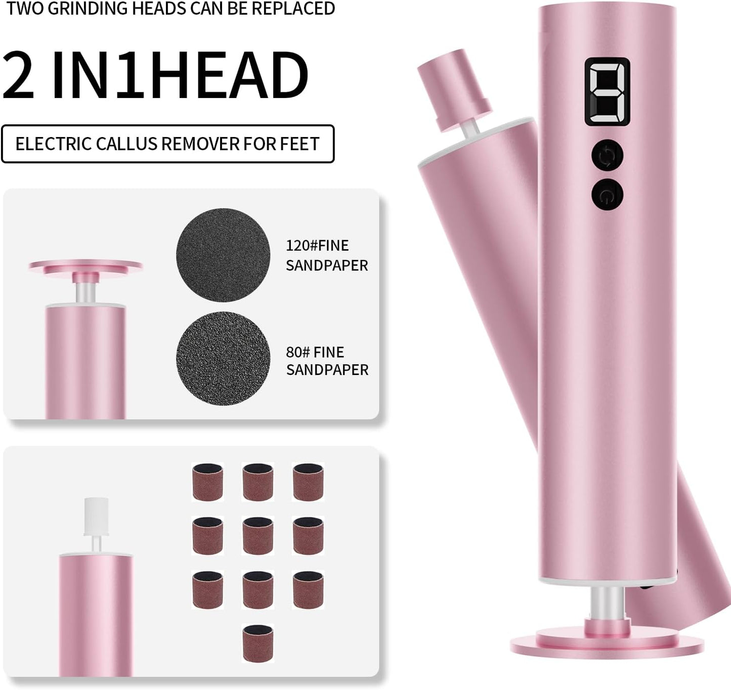 Professional Electric Foot File Tool -Callus Remover Rotating Grinder,1200mAh Rechargeable Battery, 1-Hour Continuous Use, Foot Drill & Sander,Adjustable Speed Foot Files for Deadskin(Pink)