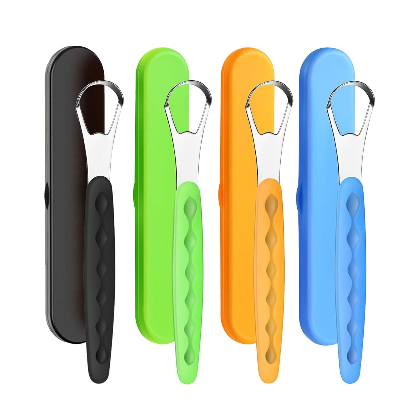 4-Pack Colorful Tongue Scraper for Adults with Travel Case, Stainless Steel, Metal Tongue Brush for Bad Breath, Oral Hygiene Tool, Easy to Use & Portable