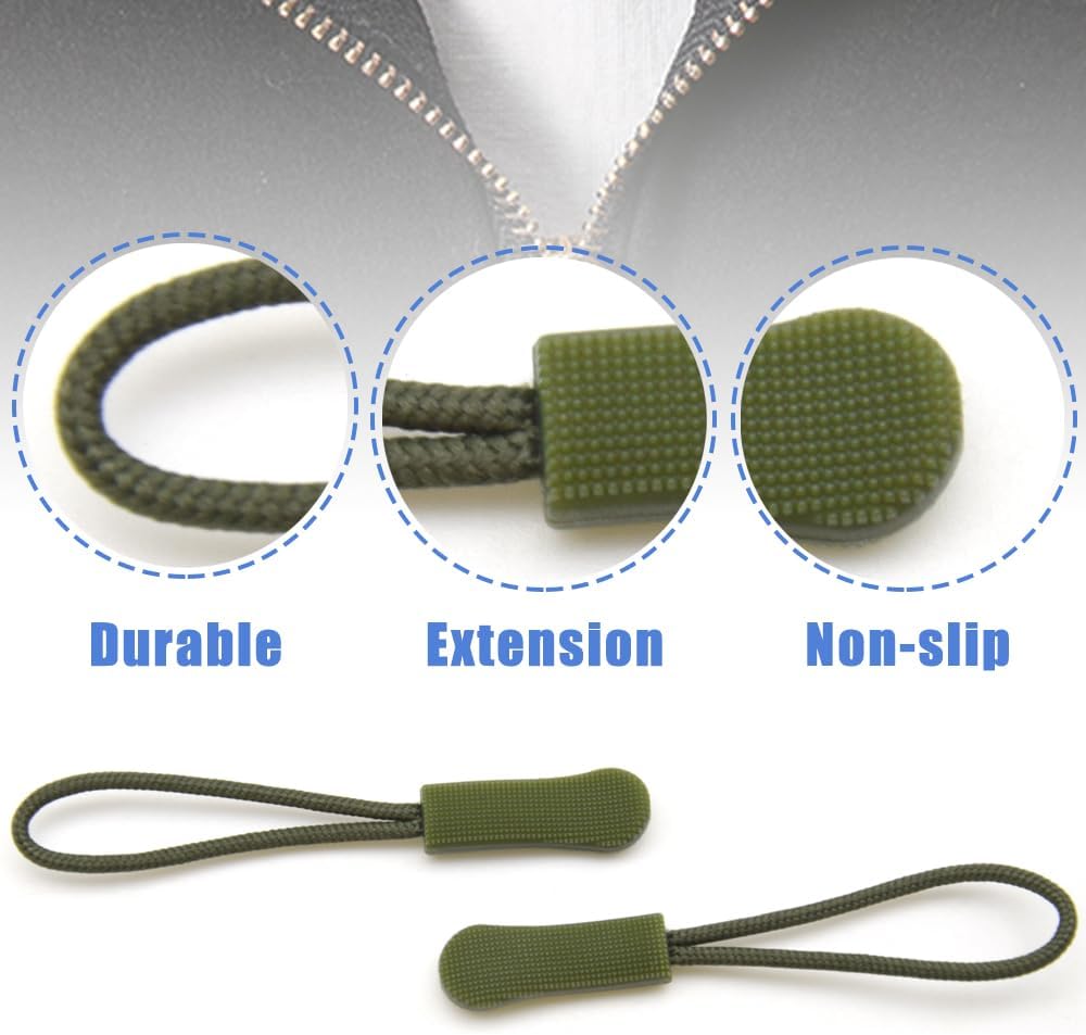 Ruidee 50 Pieces Zipper Pulls Zipper Tabs Zipper Pull Cord Extender Replacement Zipper Pulls for Backpacks, Jackets, Luggage, Purses, Handbags（Military Green）