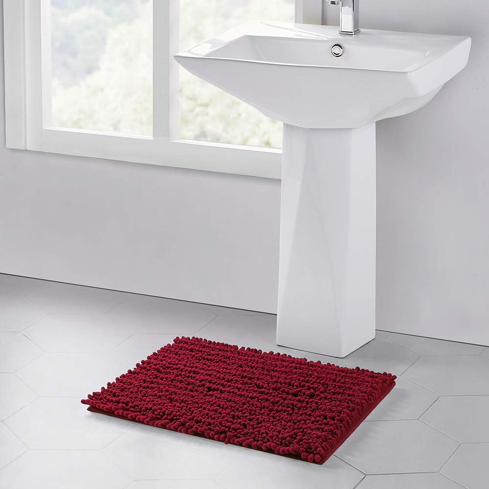 Walensee Bathroom Rug Non Slip Bath Mat (24x17 Inch Red) Water Absorbent Super Soft Shaggy Chenille Machine Washable Dry Extra Thick Perfect Absorbant Best Small Plush Carpet for Shower Floor