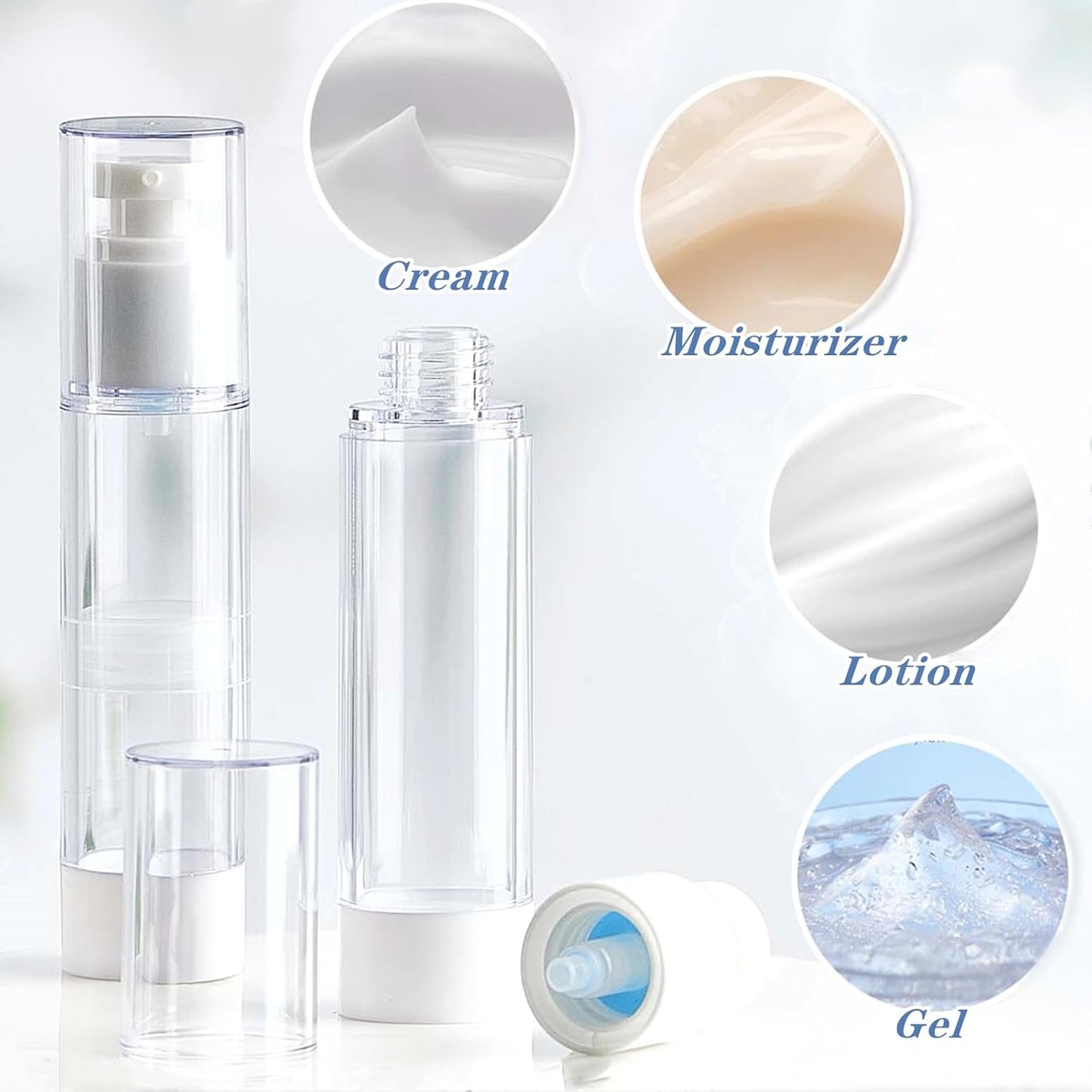 TUZAZO 6 Pack 1.7 OZ/50 ML Airless Pump Bottles, Clear Plastic Travel Size Pump Bottles, Refillable Vacuum Cosmetic Containers Lotion Dispenser for Foundation, Cream, Shampoo
