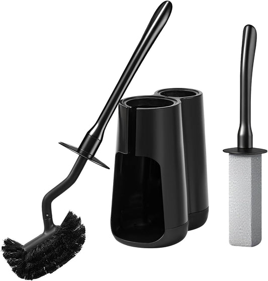 Toilet Brush & Pumice Stone Brush Combo, 2-in-1 Toilet Bowl Brush and Dual-Slot Holder Set, Curved Deep Cleaning Brush & Extended Handle, Compact Size Toilet Cleaner Brush Organizer
