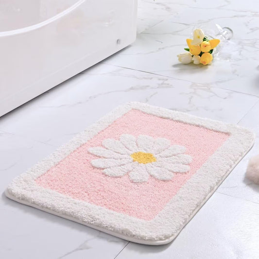 Fluffy Soft Superfine Fiber Bath Rugs, White Flower - Non Slip, Machine Wash, Plush Mat for Bathroom & Shower Room (16" 24", Pink)