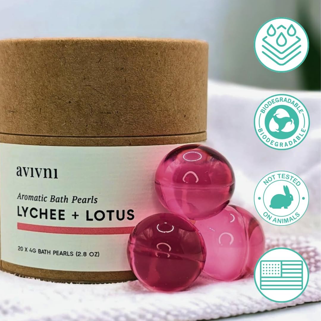 Avivni Bath Oil Beads- Lychee Lotus & Coconut Monoi Bath Pearls (2 Pack Variety- 15 Pearls Each), Mothers Day Gift Idea