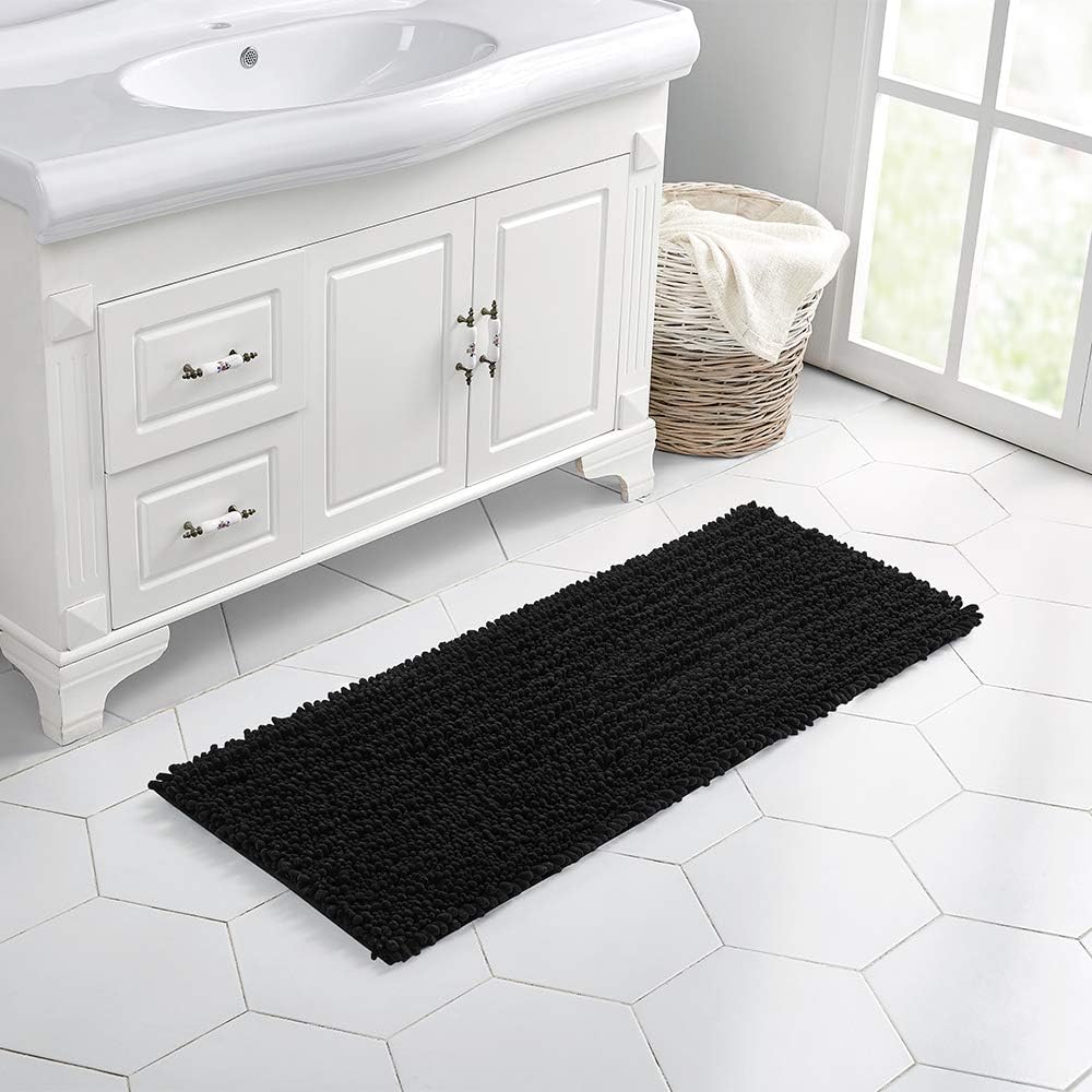 Walensee Large Bathroom Rug Non Slip Bath Mat (24x60 Inch Black) Water Absorbent Super Soft Shaggy Chenille Machine Washable Dry Extra Thick Perfect Absorbant Best Plush Carpet for Shower Floor