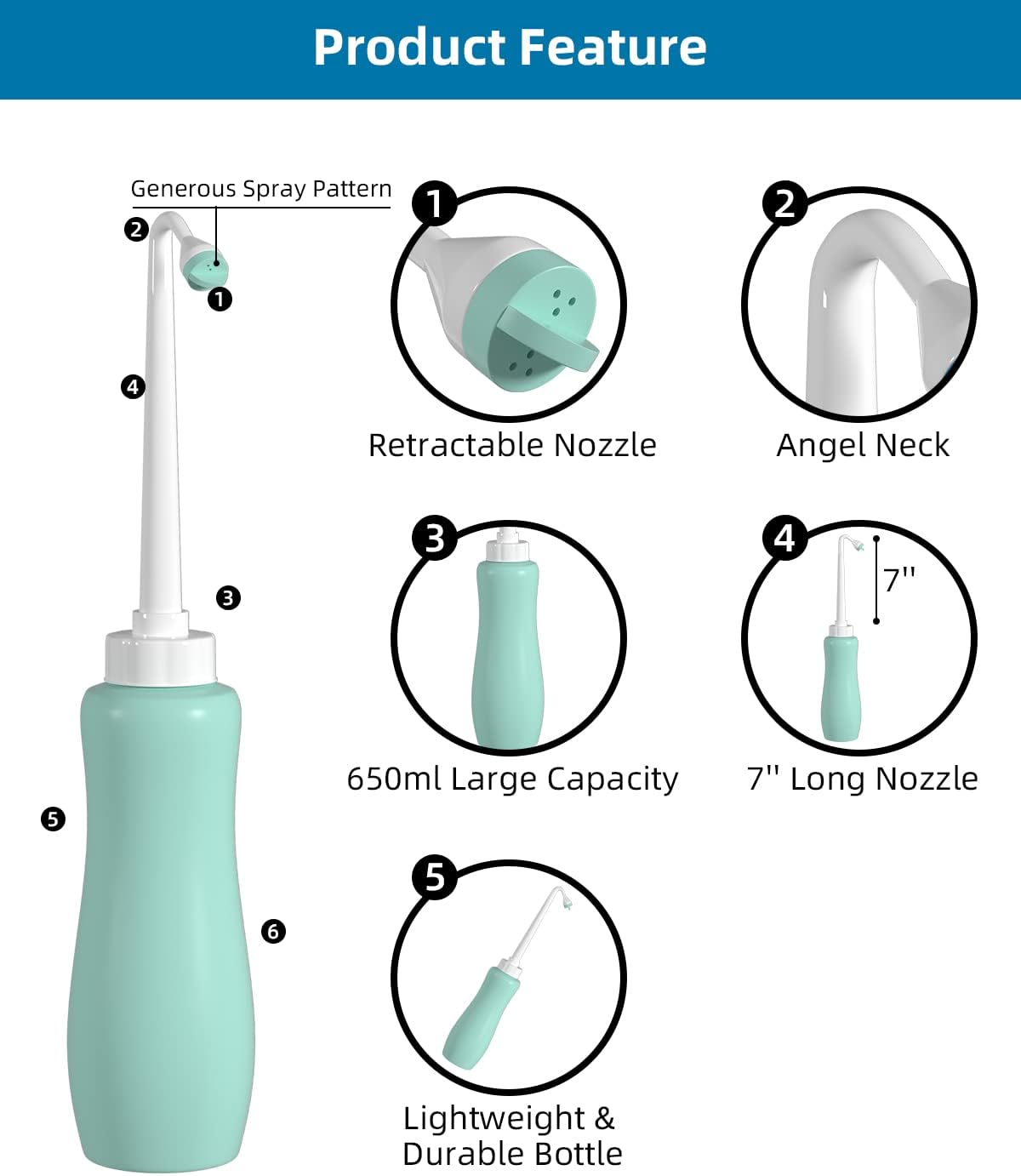 Hibbent Portable Bidet Sprayer and Travel Bidet with Hand Held Bottle for Personal Cleansing, Extended Nozzle Spray for Childbirth, Personal Hygiene, Outdoor, Camping with Travel Bag- 22oz/ Green