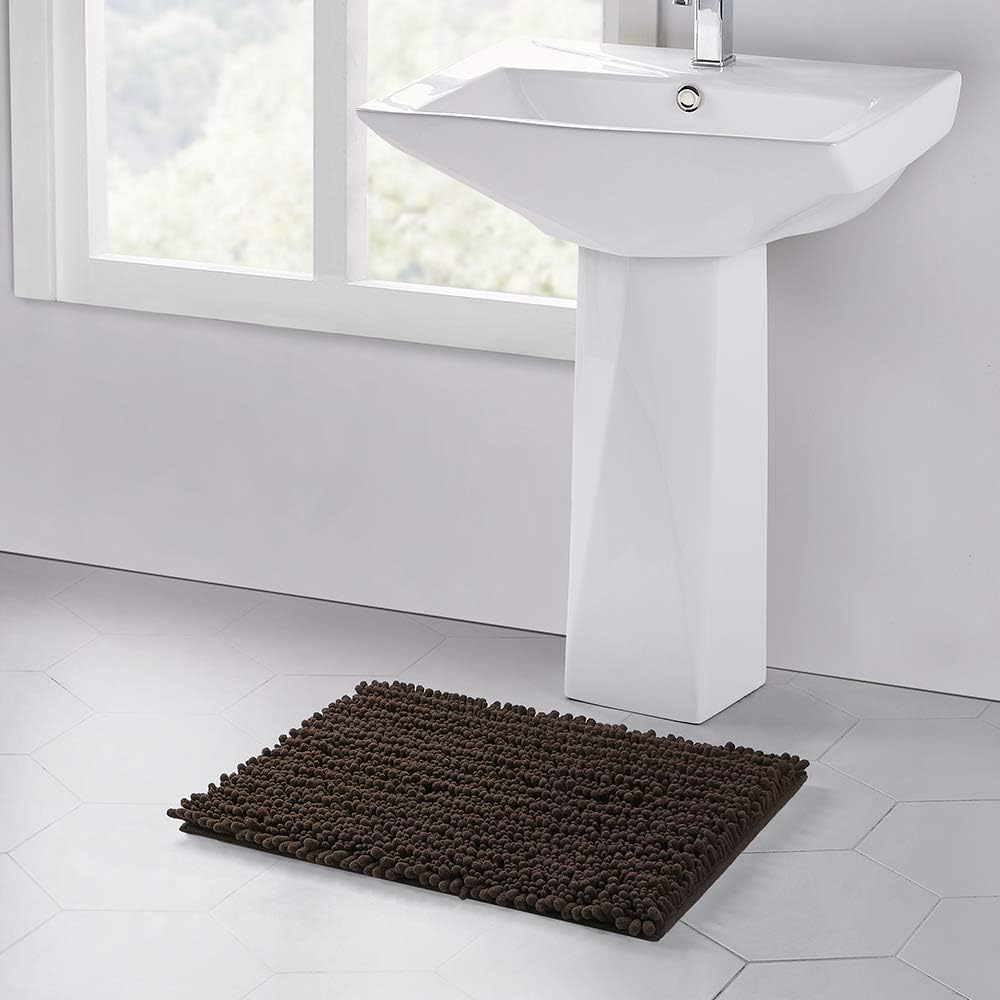 Walensee Bathroom Rug Non Slip Bath Mat (24x17 Inch Brown) Water Absorbent Super Soft Shaggy Chenille Machine Washable Dry Extra Thick Perfect Absorbant Best Small Plush Carpet for Shower Floor
