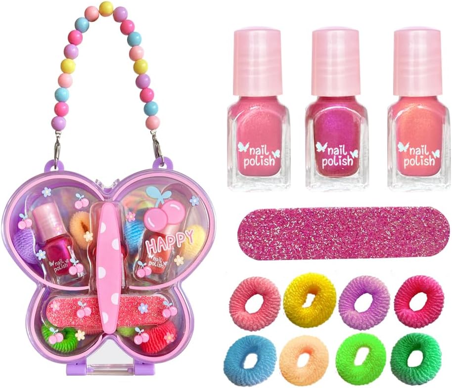 M&U MAKE YOU UP Butterfly Jewelry Case Nail & Hair Set - 3 Quick-Dry Polishes + 5 Fuzzy Elastics | Portable Beaded Clutch for Teens, FashionGift with Floral Charm Party Favors