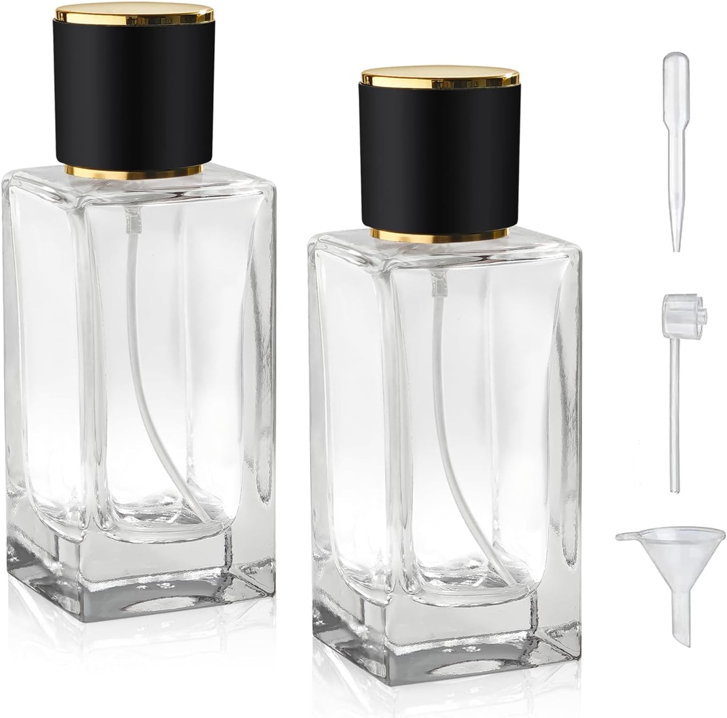 2 Pack 50ml/1.7 Oz Glass Spray Bottle Perfume Atomizer,Empty Travel Refillable Perfume Spray Bottle with 3 Kinds of Dispenser (Black Cap, 50ml)