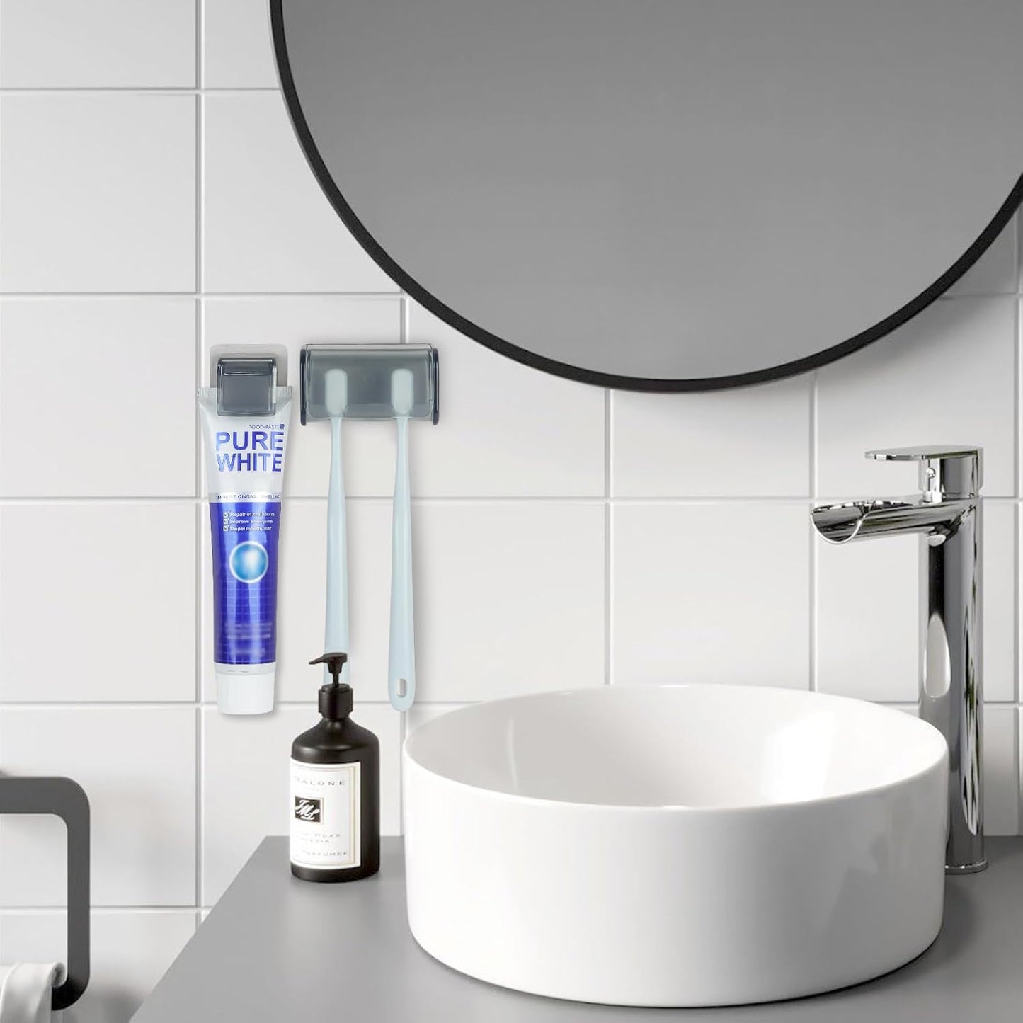 Toothbrush Holder Wall Mounted with Cover for Bathroom, 2 Slots Toothbrush Storage Organizer for Shower, Self Adhesive Toothbrush Hanger with Toothpaste Clip