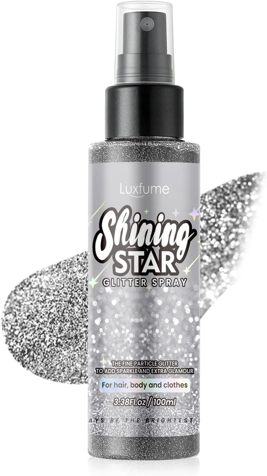 Glitter Spray for Hair and Body, Silver Body Glitter Spray, Quick-Drying and Waterproof Glitter Hairspray, Nozzles are not Easily clogged, Long-Lasting for Stage Makeup, 3.38 oz