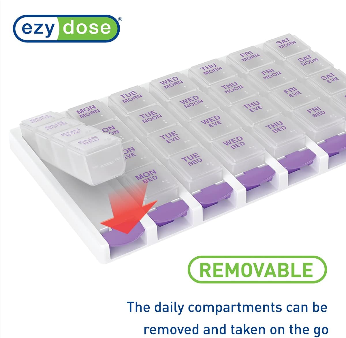 EZY DOSE Weekly (7 Day) 4 Times a Day Push Button Pill Organizer and Vitamin Planner, Removable Daily Pillboxes, Purple, Clear Lids, Small