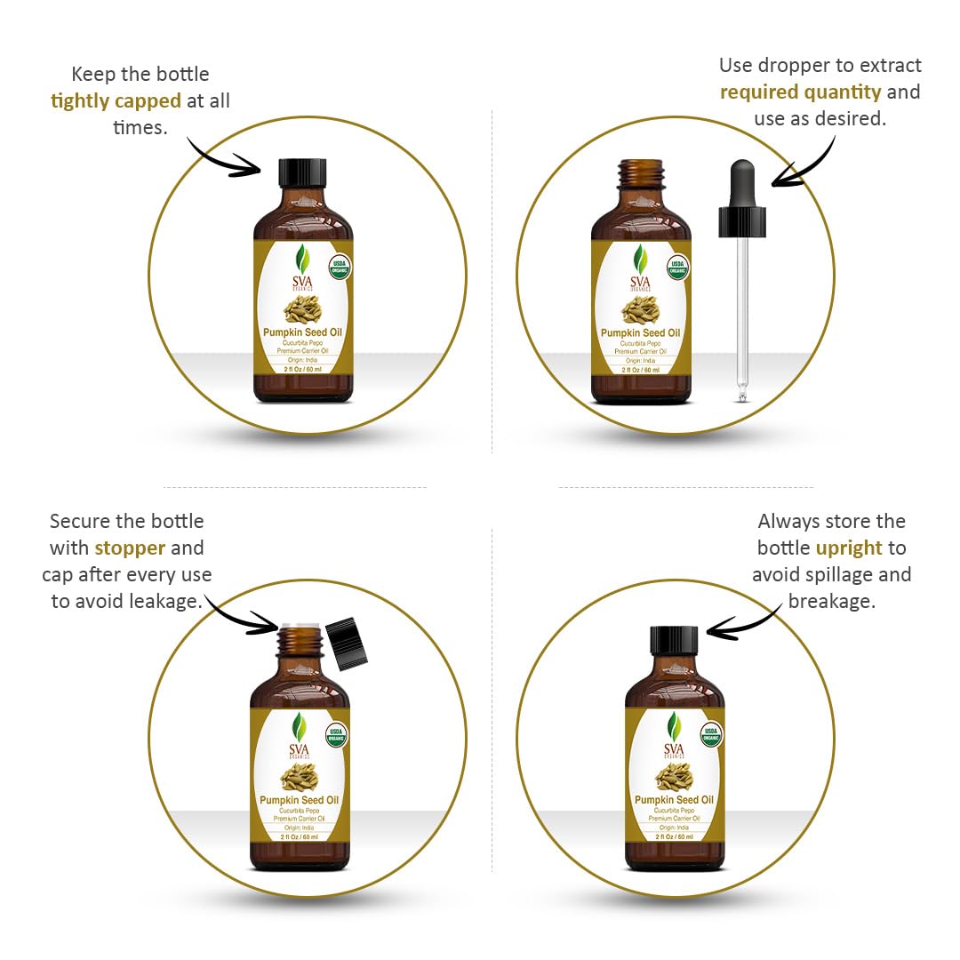 SVA Pumpkin Seed Oil Organic - 2 Fl Oz – 100% Natural Cold Pressed Pumpkin Seed Oil - for Face, Skin Care, Hair Care, Scalp Massage & Body Massage - with Dropper