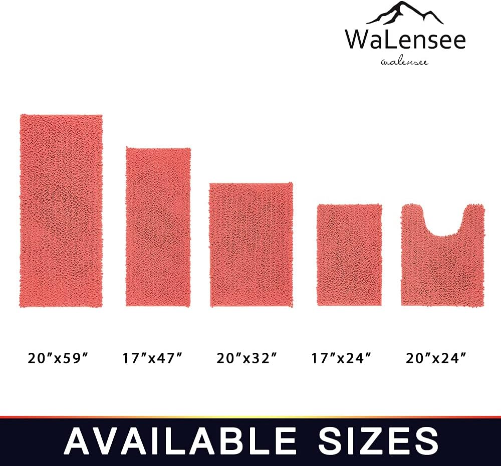 Walensee Bathroom Rug 2 Pieces Set Non Slip Bath Mat (20"x32" Plus 20"x24" U Living Coral) Water Absorbent Super Soft Shaggy Chenille Machine Washable Dry Extra Thick Perfect Carpet for Shower Floor