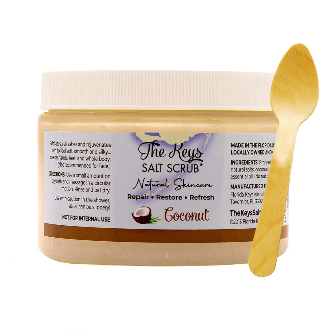 The Keys Salt Scrub -Sea Salt Scrub - Exfoliating Body Scrub with Wooden Spoon - Moisturizing Exfoliator for Hands, Foot, Bath, (12 Ounce (Pack of 1), Coconut)