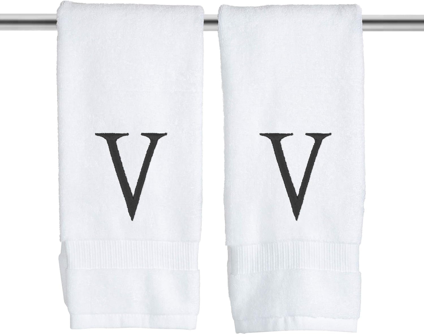 Black Initial Hand Towel for Bathroom - Monogrammed Luxury Hotel Quality Decorative Embroidered Towel for Powder Room, Spa - GOTS Organic Certified - Set of 2 Letter V