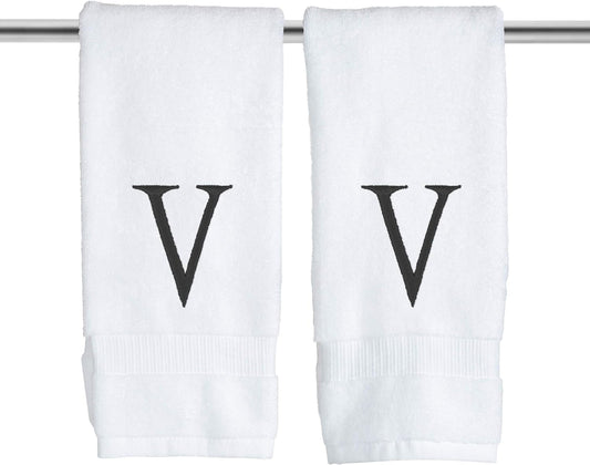 Black Initial Hand Towel for Bathroom - Monogrammed Luxury Hotel Quality Decorative Embroidered Towel for Powder Room, Spa - GOTS Organic Certified - Set of 2 Letter V