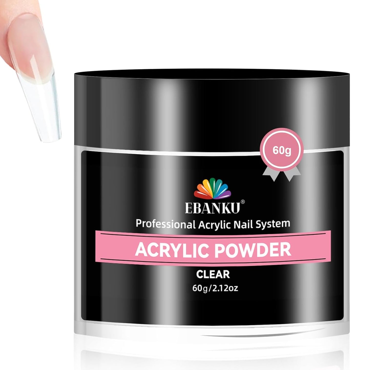 EBANKU Clear Acrylic Powder, 60g/2.12oz Crystal Transparent Acrylic Nail Powder for Nail Extenstion, Nail Carving, Professional Nail Powder for French Manicure, Long-Lasting, No Lamp Needed