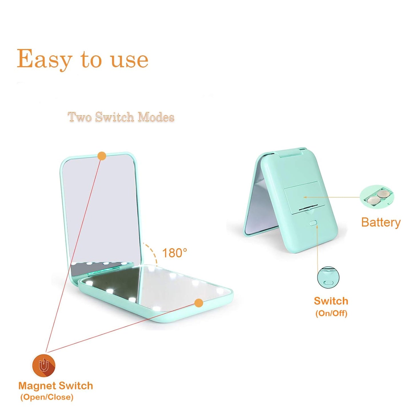 Kintion Pocket Mirror, 1X/3X Magnification LED Compact Travel Makeup Mirror with Light for Purse, 2-Sided, Portable, Folding, Handheld, Small Lighted Mirror for Gift, Cyan